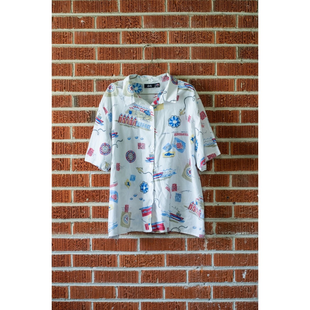 Vtg 90s Tapestry Camp Shirt 22/24 2X Novelty Postcard Coastal Grandmacore Cream